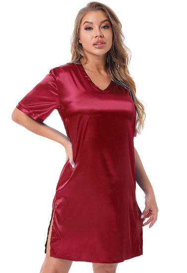 Thumbnail: Silk satin sexy Maroon short sleepwear