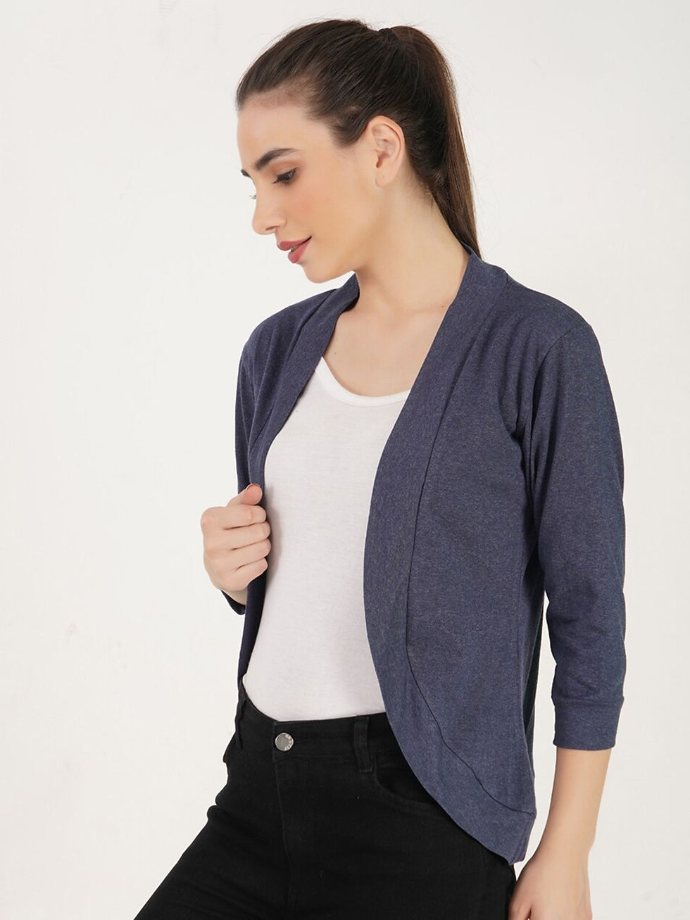 Thumbnail: Navy 3/4th Sleeves Fashionable Shrug