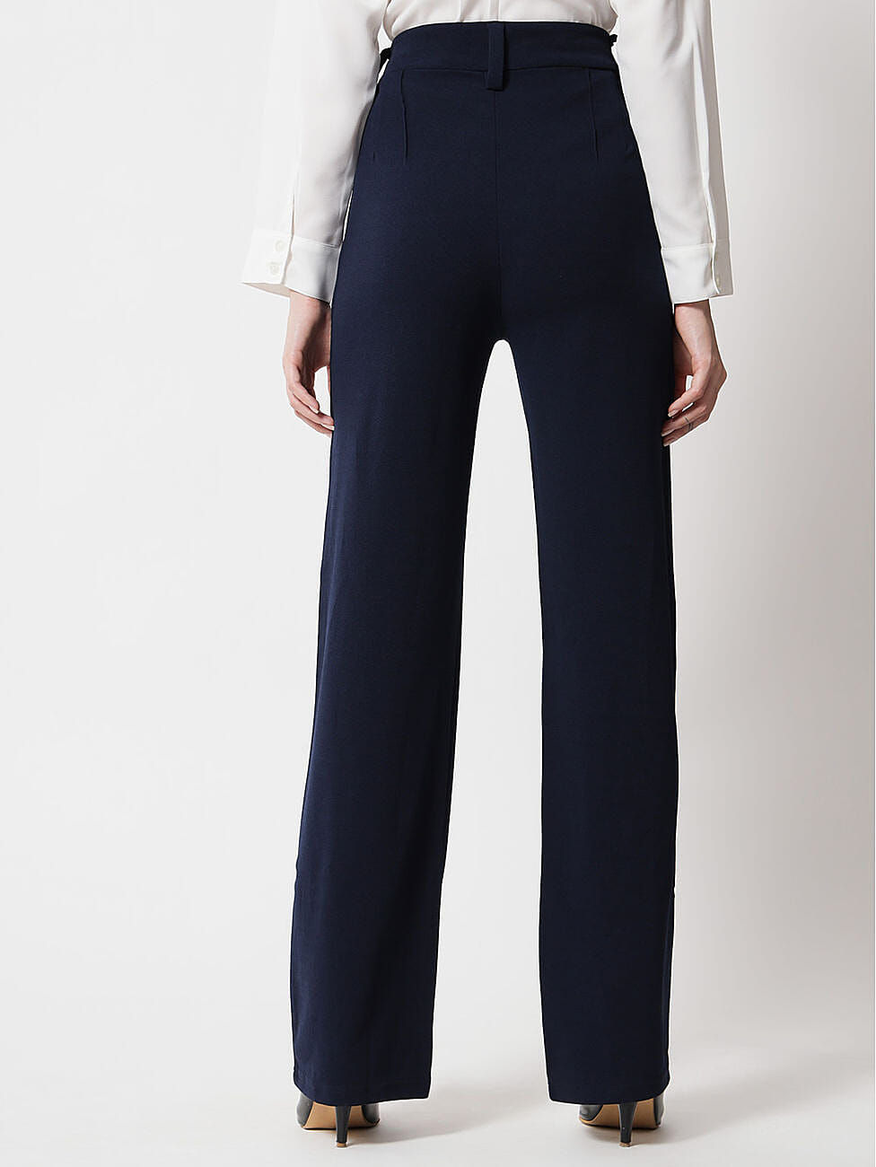 Thumbnail: Women Polyester Solid Navy Blue Trousers