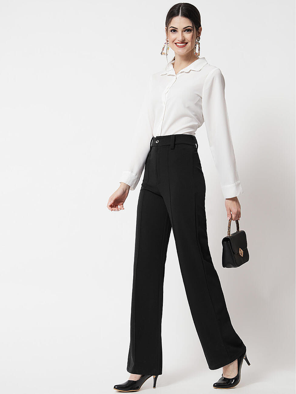 Thumbnail: Women Polyester Solid Black Trousers