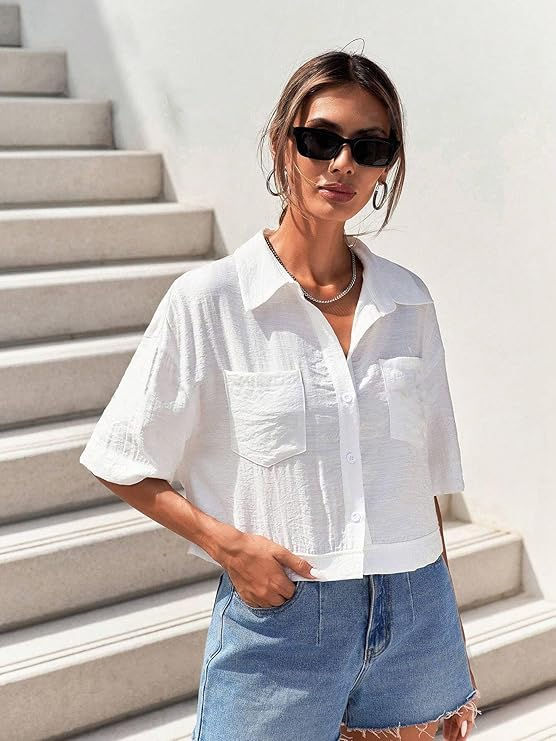 Thumbnail: V-Collar Solid Polyester Crop Shirt for Women with Half Sleeves