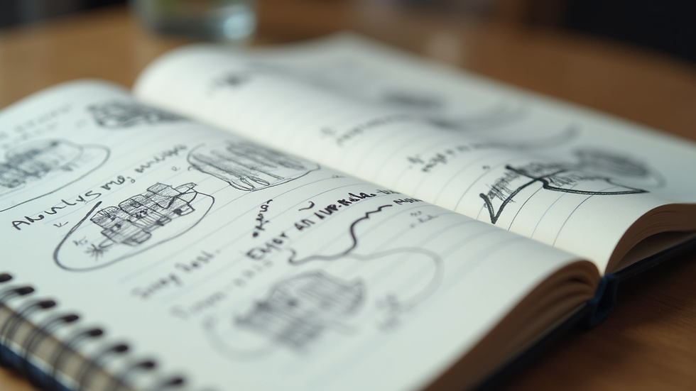 Close-up view of a notebook with handwritten ideas and sketches