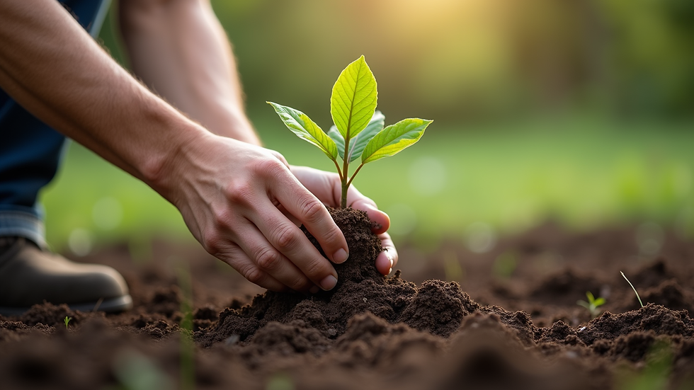Close-up view of hands planting a young tree in soil
