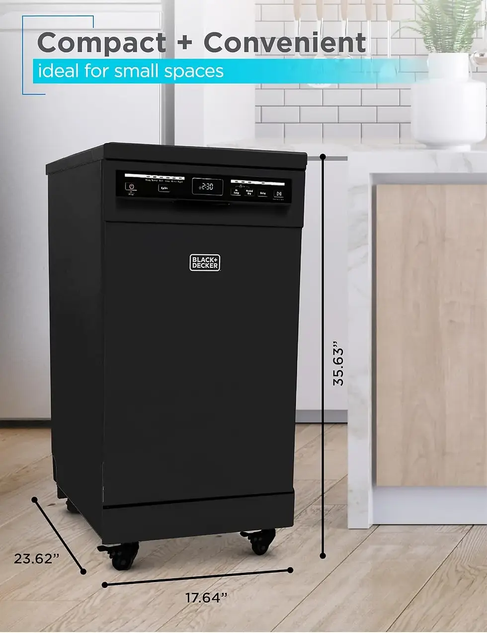 BLACK+DECKER 18-Inch Portable Dishwasher, 8-Place Setting Capacity, Mobile Dish Washer with 6 Wash Programs, LED Display, Stainless Steel Tub, ENERGY STAR Certified, BPD8B, Black
