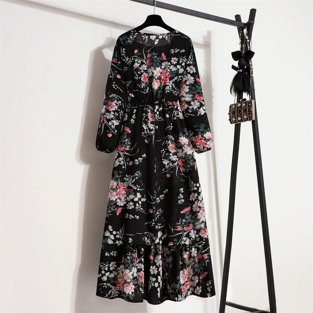 Spring Summer Women Maxi Dresses Casual Full Sleeve Floral Printed O-neck Woman 
