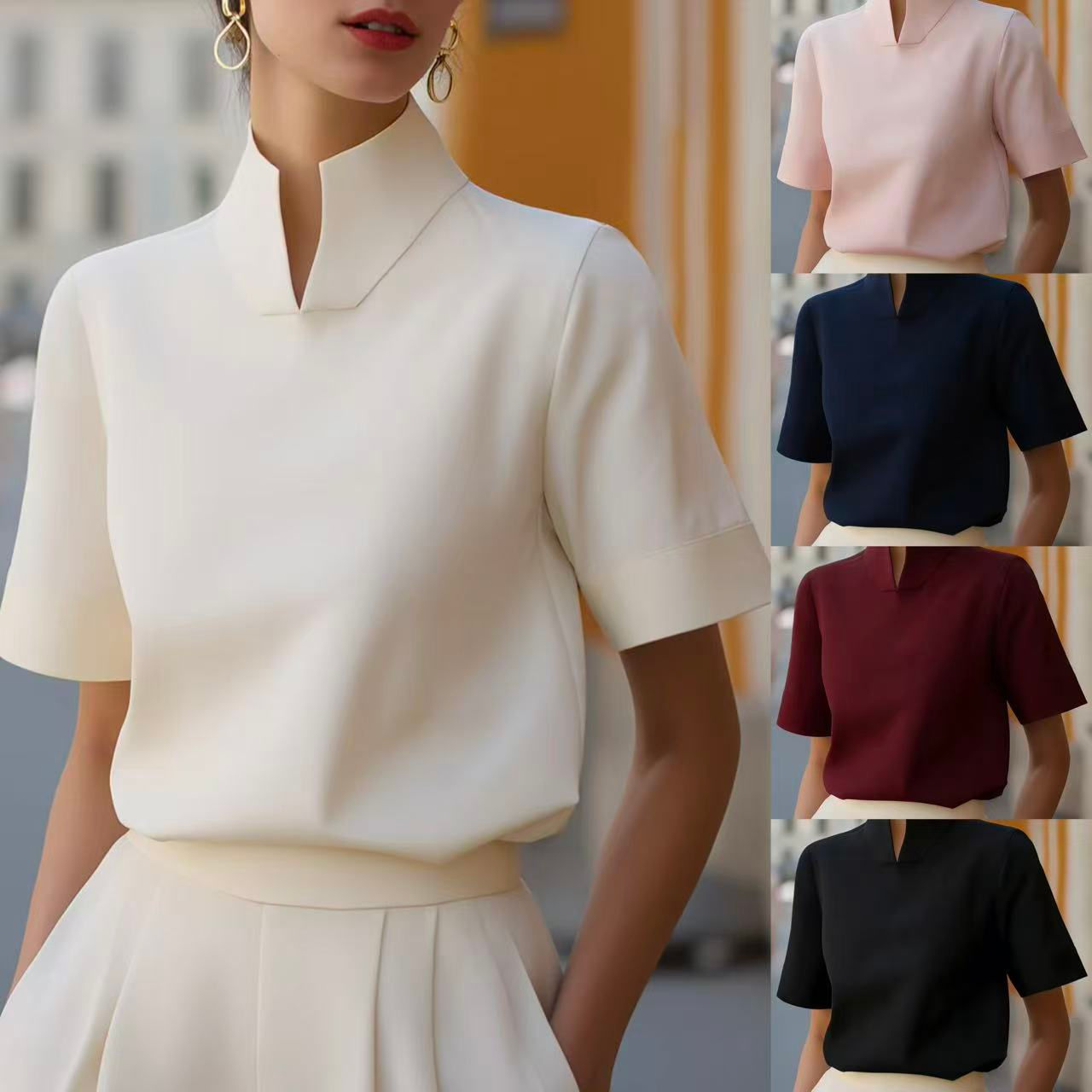 Split Neck Short Sleeve Blouse Women Elegant Stand Collar Half Sleeve Top Office