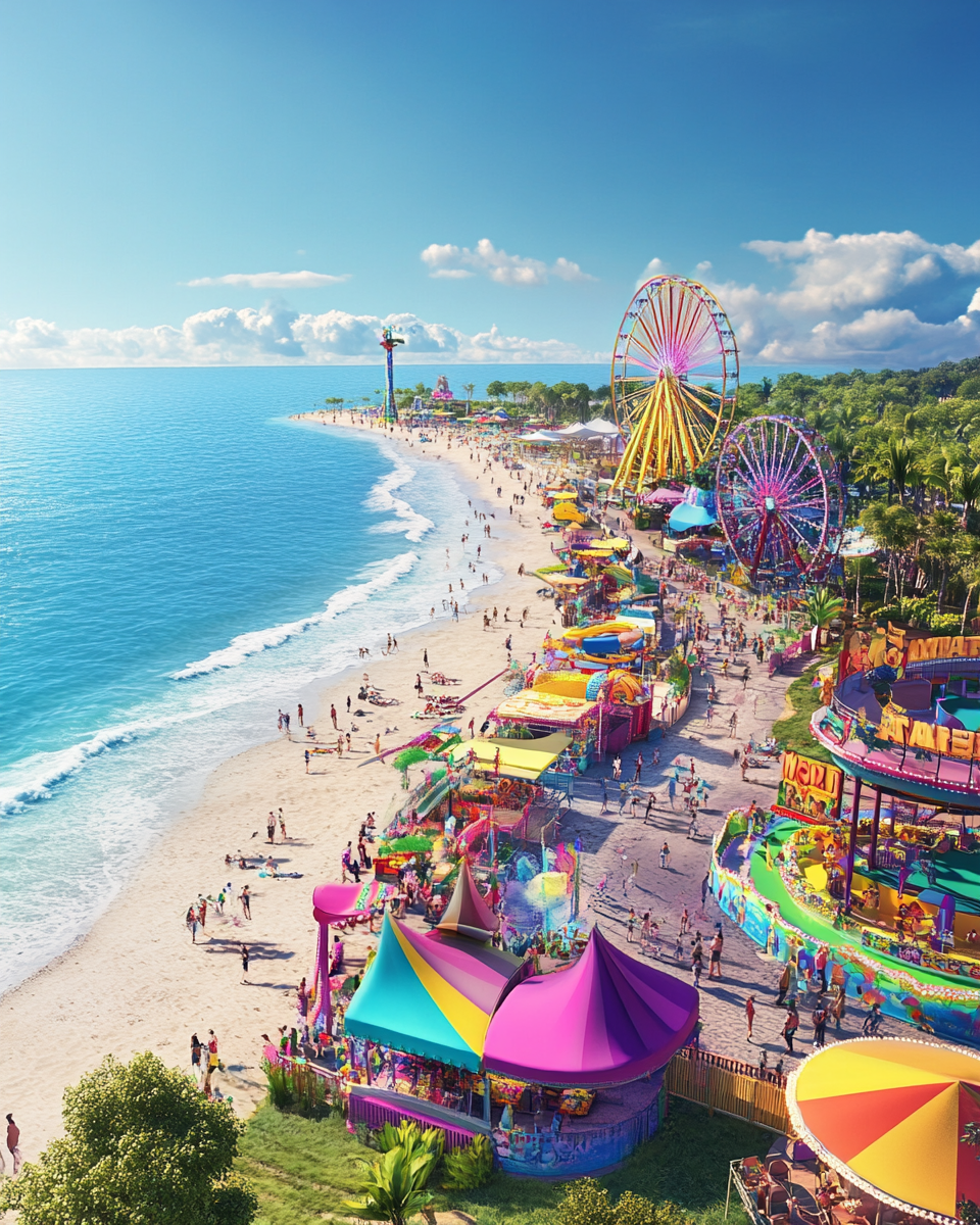 Coastal amusement park with rides and attractions built along a beachfront location
