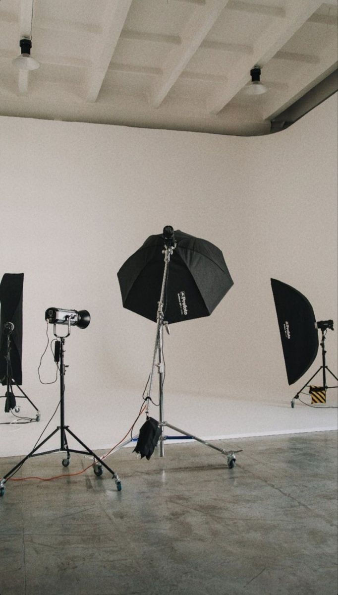 photoshoot set with white backdrops and lights with camera.
