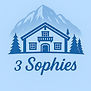 3 Sophies logo, Alpine chalet surrounded by mountains & pine trees 