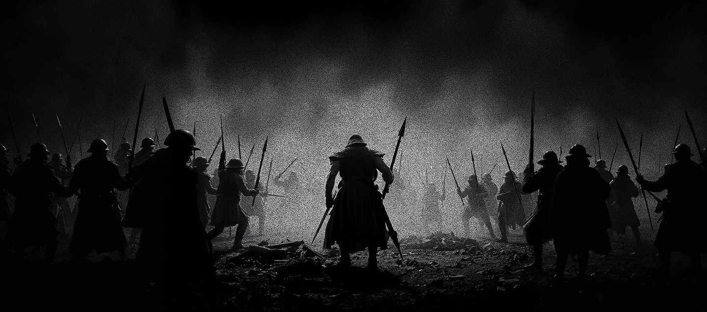 old battlefield taking place A cinematic, hyper-detailed, monochrome image using a white a