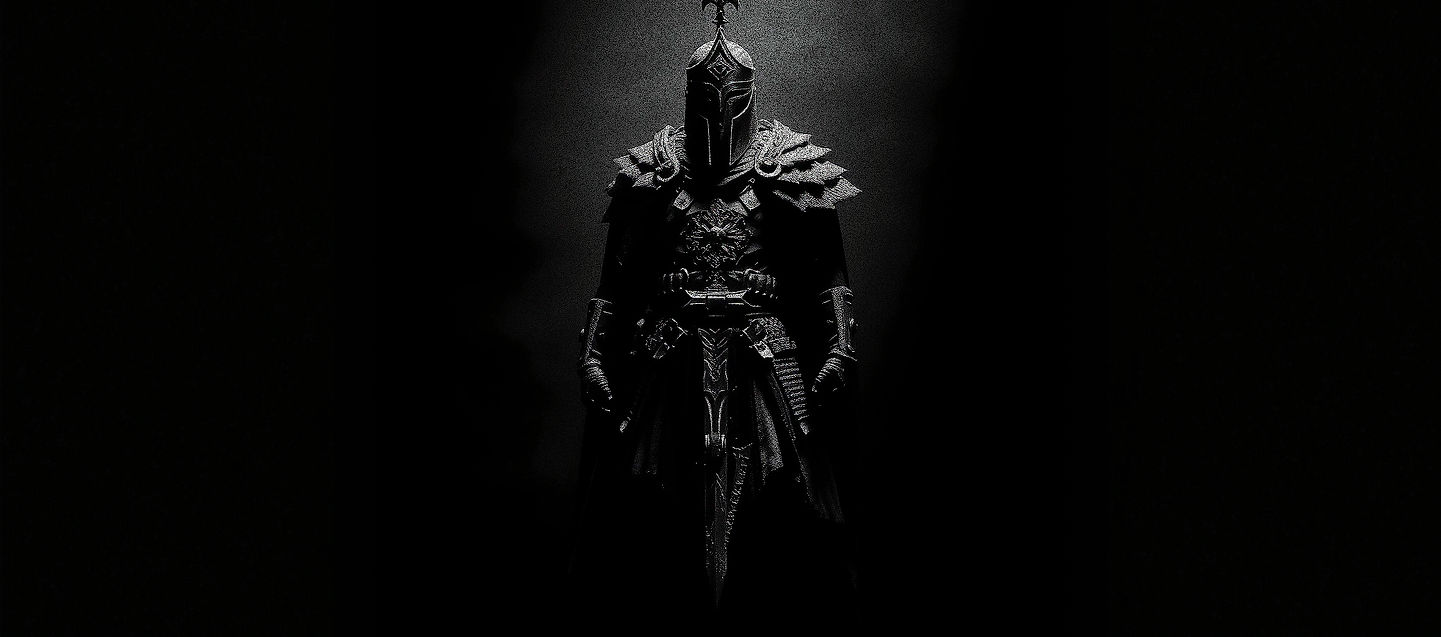 a warrior commander. standing tall. A cinematic, hyper-detailed, monochrome image using a