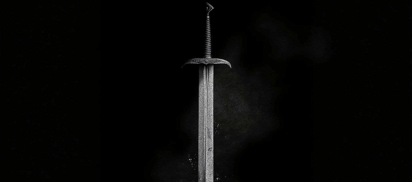 a sword being sharpened. A cinematic, hyper-detailed, monochrome image using a white and g