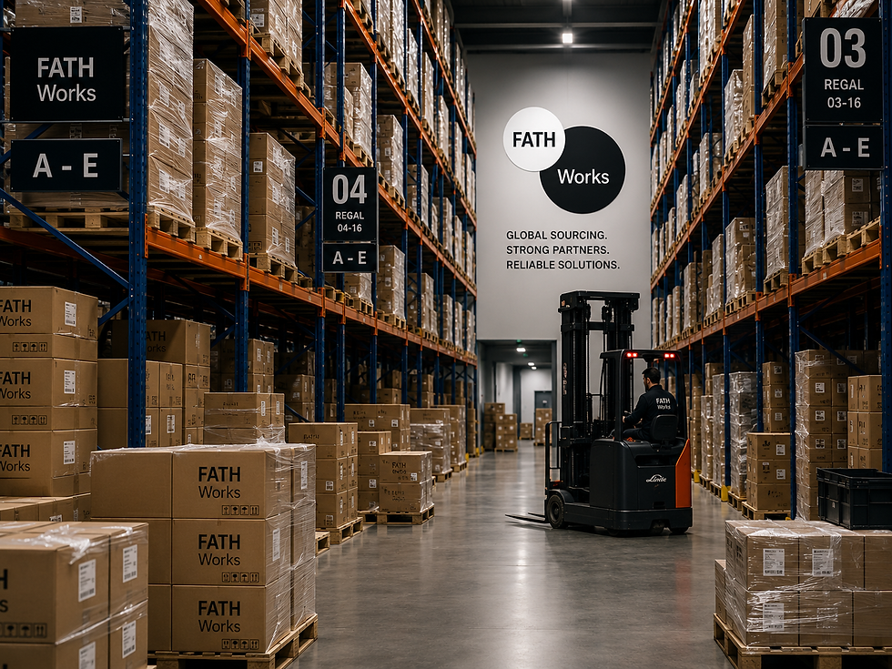 Modernes Lager von FATH Works mit strukturierten Beständen und effizienten Logistikprozessen zur Sicherung einer zuverlässigen Warenverfügbarkeit und termingerechten Lieferung.