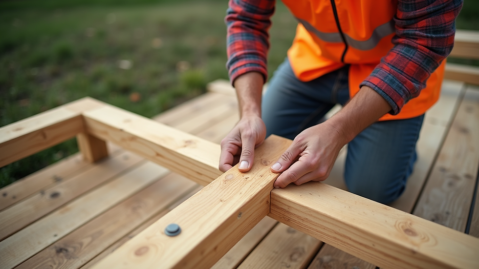High angle view of a carpenter installing wooden decking outdoors