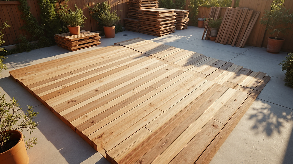 High angle view of decking materials laid out for installation