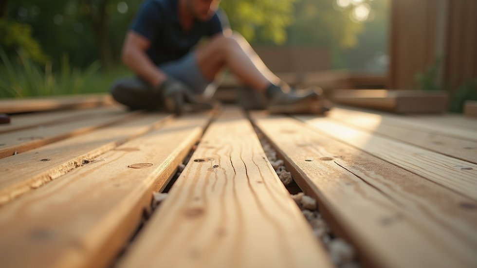 Close-up view of wooden deck planks being installed