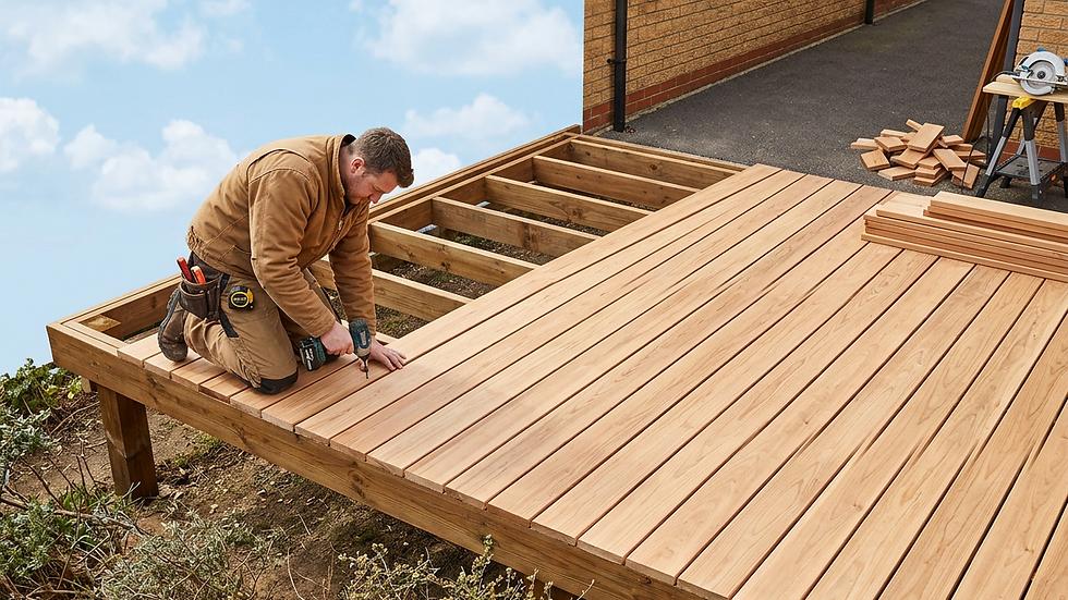 High angle view of a carpenter installing decking boards outdoors