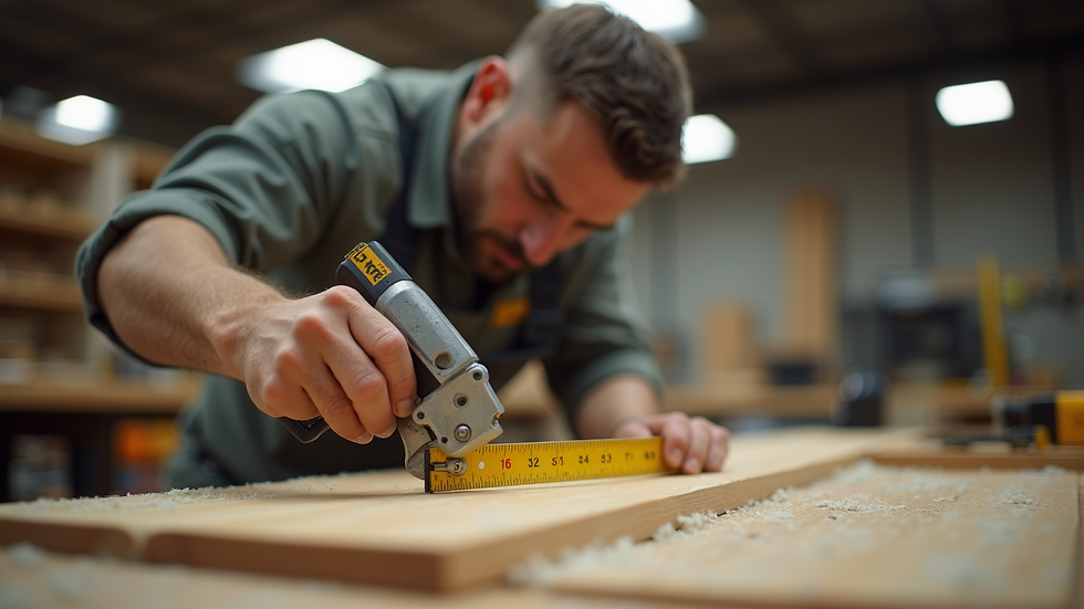 Eye-level view of a carpenter measuring wood in a workshop