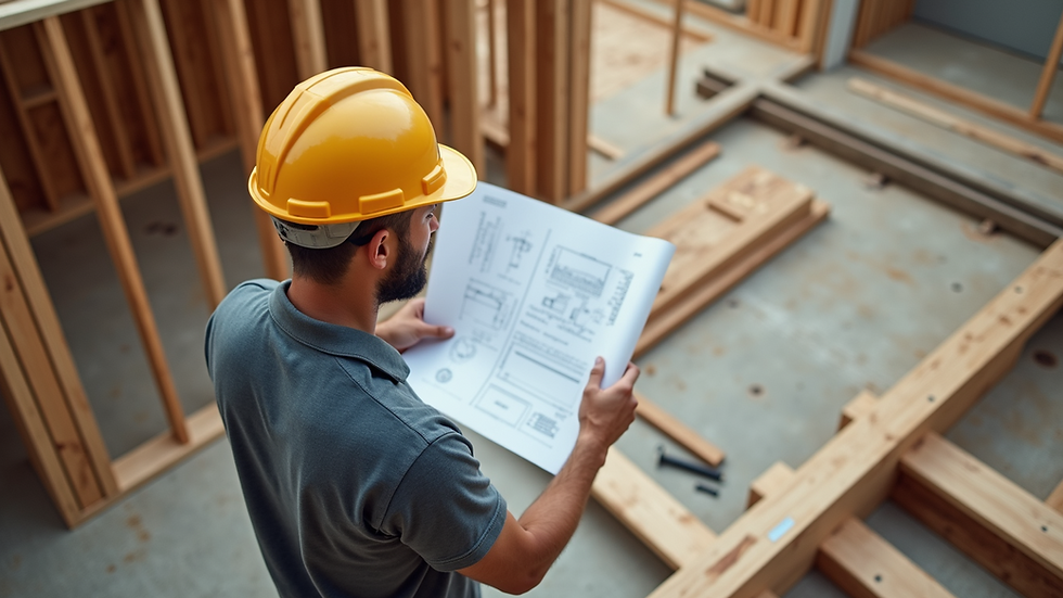 High angle view of carpenter reviewing blueprints on site
