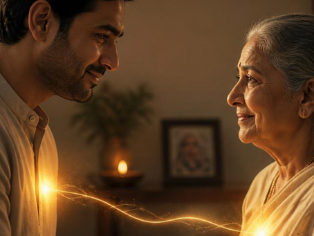 A tender moment between an adult child and their aging parent, standing or sitting face to face. A faint, warm line of light connects their chest areas, symbolizing mutual understanding, gratitude, and the conscious choice to protect and honor the family’s shared energy.
