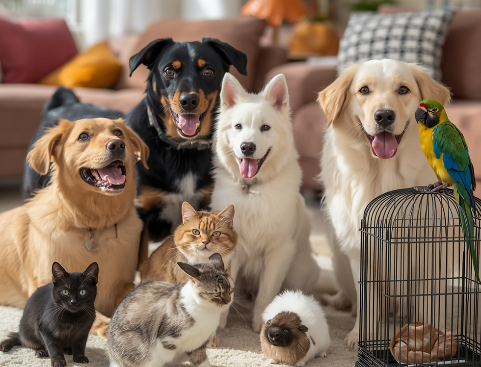 Joyful group of pets including dogs and cats, symbolizing PAW Month, pet awareness, and community care for all animals.
