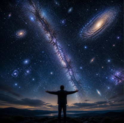A vast night sky filled with stars and galaxies, with a person standing peacefully below looking upward, arms open in surrender, representing alignment with universal laws and flow with the cosmic current.