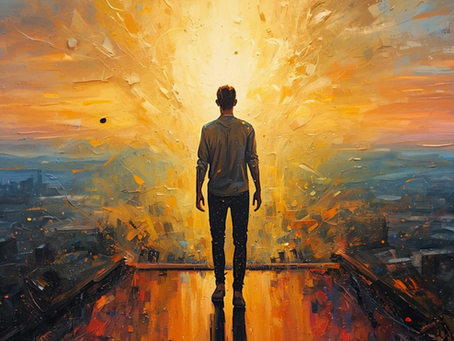 A person standing in soft light with a visible energy aura