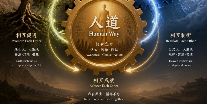 Three interlocking gears or circles in earth brown, warm gold, and cosmic blue, each labeled with Chinese and English text (Earth Way, Human Way, Heaven Way), showing how they balance and regulate each other in a dynamic system. The gears are in motion, with energy flowing between them.