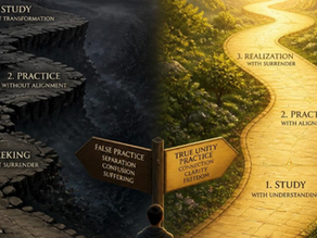 A split-path image: on the left, a shadowy, fragmented path with three separate, disconnected sections (representing false practice); on the right, a luminous, unified path with three integrated, connected sections flowing seamlessly together (representing true unity practice). A person stands at the crossroads, choosing which path to take.