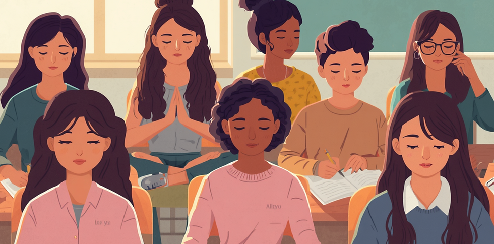 Small group in a calm classroom setting practicing intuition exercises, symbolizing hands-on learning and spiritual awakening
