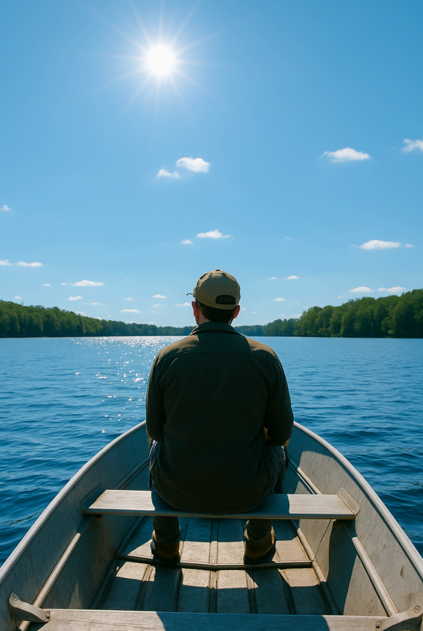 Calm waters reflecting the warm glow of summer sunset, illustrating nature’s power to restore balance and energy with man on boat
