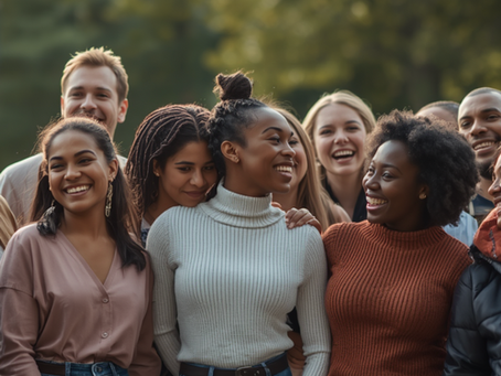 Diverse group of people standing together in soft light, symbolizing unity, human dignity, and global harmony across races, cultures, and identities.