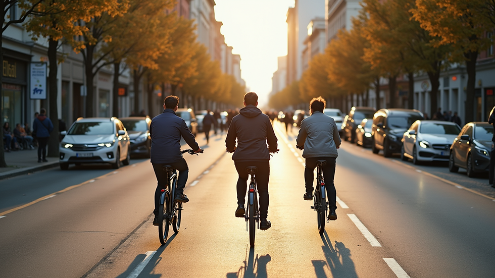 High angle view of a group taking a guided electric bike tour through a city