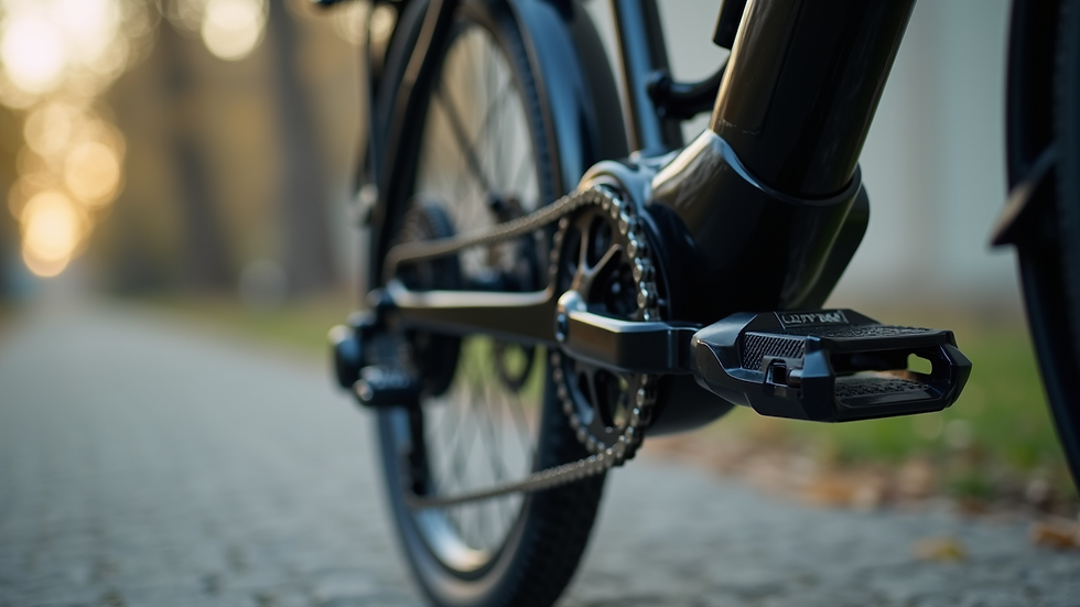 Close-up view of an electric bike pedal and chain mechanism