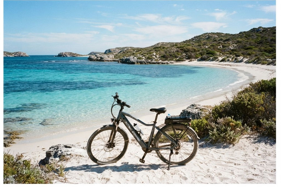 Turquoise bay and white sand on Rottnest Island with an e-bike parked at the water's edge
