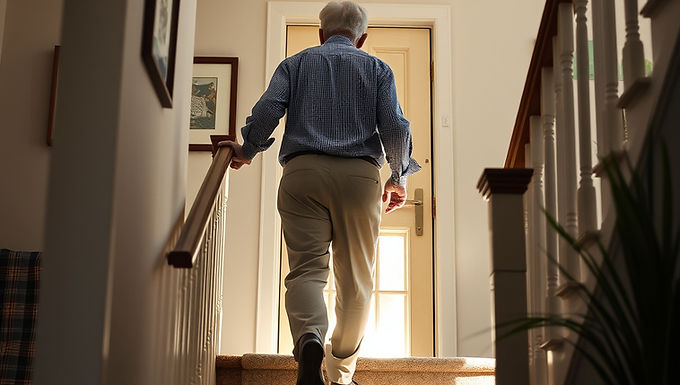 man walking up stairs