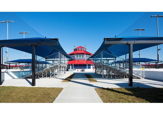 Thumbnail: Bleacher Series Dual Column T Cantilever Fabric Shade