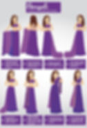 Illustration showing 8 steps of draping a Bengali saree on a woman. She wears a purple saree with text instructions at each step.