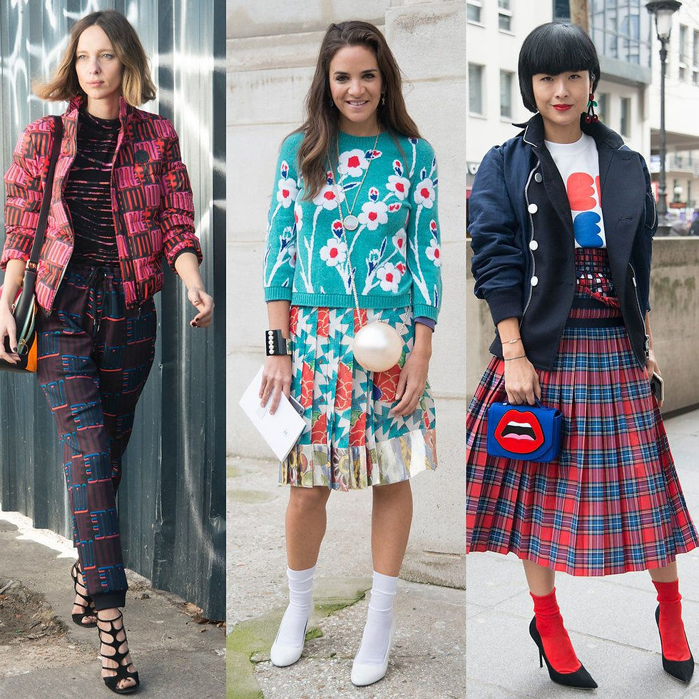 "Three women showcasing unique fashion styles by mixing textures and fabrics, including bold prints, floral designs, and plaid patterns, creating visually striking and trendy outfits."