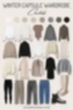 Winter capsule wardrobe checklist with neutral clothes: sweaters, coats, pants, boots. Palette shows beige to black tones. Stylebysavina.com text.