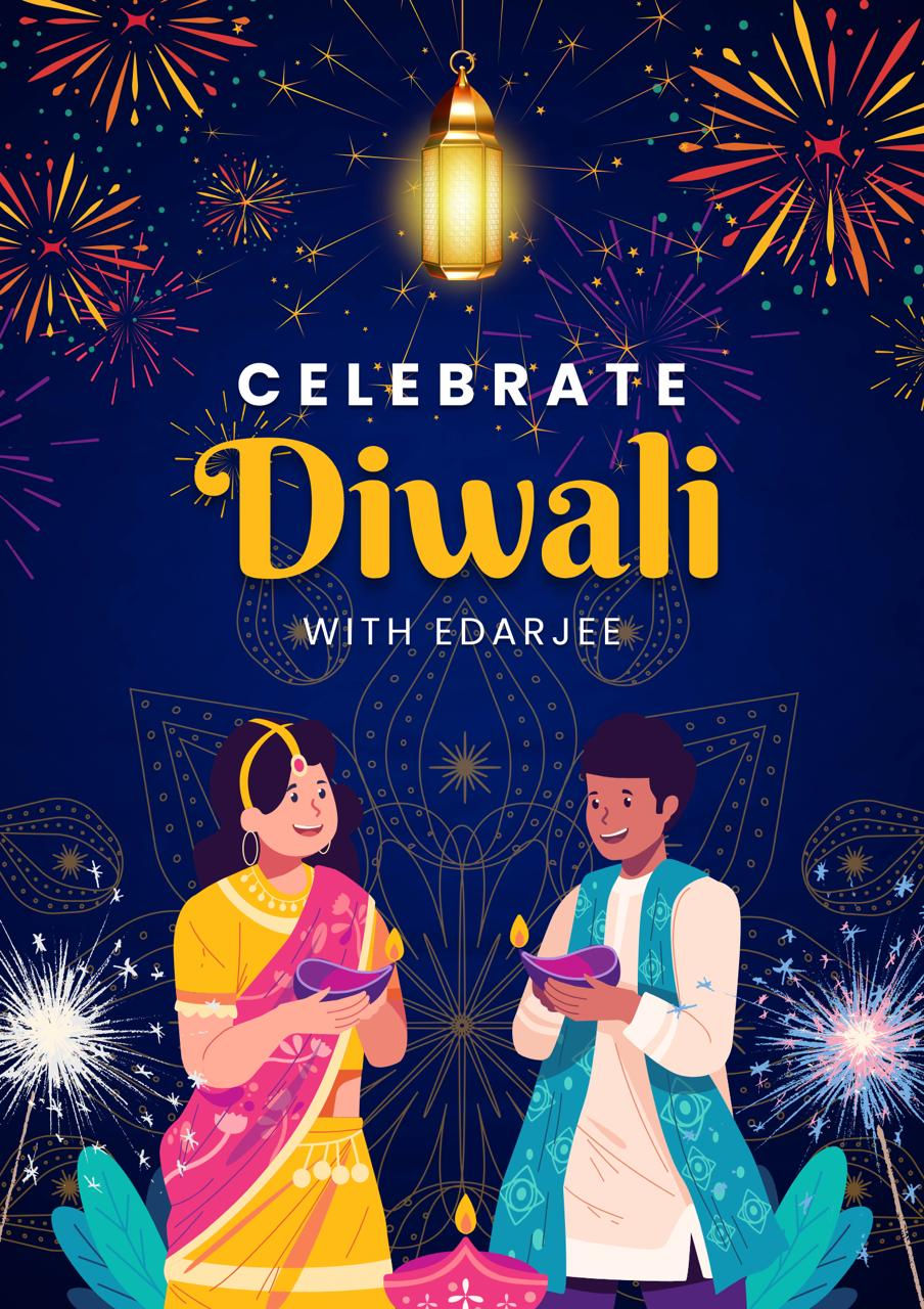 A colorful and festive Diwali banner with vibrant fireworks in the background. The image shows a smiling man and woman dressed in traditional Indian attire, holding diyas (lamps), with intricate floral and paisley patterns behind them. The text reads "Celebrate Diwali with E Darjee" in bold, yellow and white fonts, creating a joyful and celebratory atmosphere.
