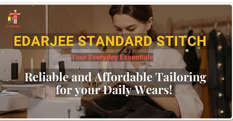 "Edarjee Standard Stitch offers reliable and affordable tailoring for daily wear, featuring a tailor at a sewing machine in a cozy tailoring studio.