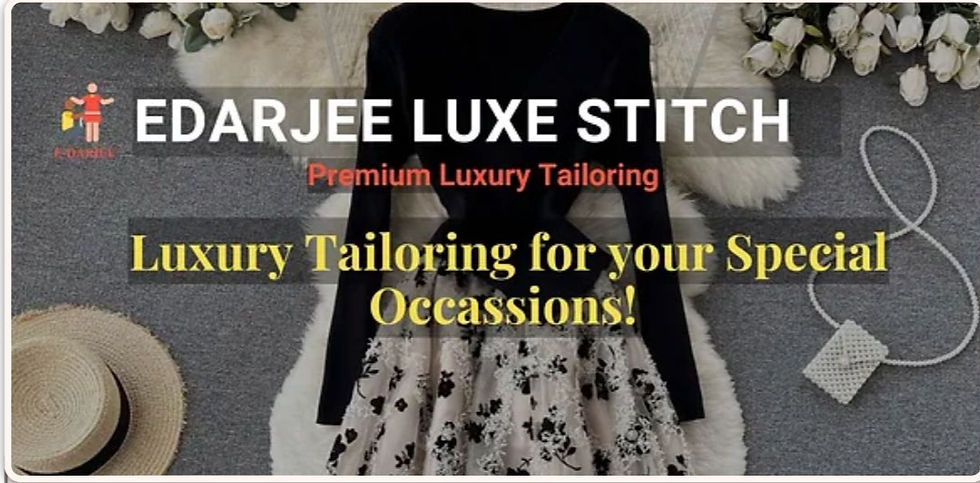 Edarjee Luxe Stitch offers luxury tailoring for special occasions with a premium, elegant outfit displayed on a grey background, surrounded by accessories.