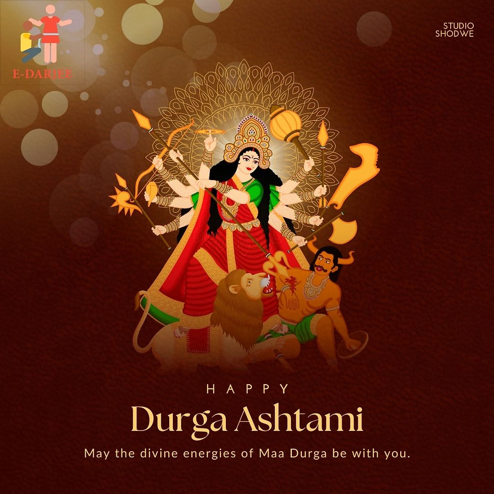 An illustration of Maa Durga in a vibrant traditional depiction, with her ten arms holding weapons as she triumphs over Mahishasura. The image features rich maroon and gold colors with a greeting from E Darjee wishing everyone a Happy Durga Ashtami.