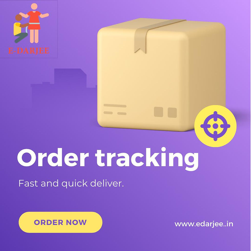 Order tracking promotion for E-Darjee, featuring a cardboard box with a tracking icon. The background is purple with the E-Darjee logo in the top left corner. The text reads 'Order tracking – Fast and quick delivery.' Below, there is a button labeled 'Order Now' and the website URL www.edarjee.in
