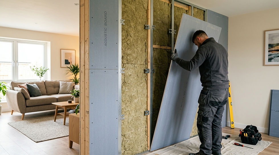 Specialist installing a Genie Clip acoustic treatment system in a UK holiday let to resolve noise complaints from neighbours