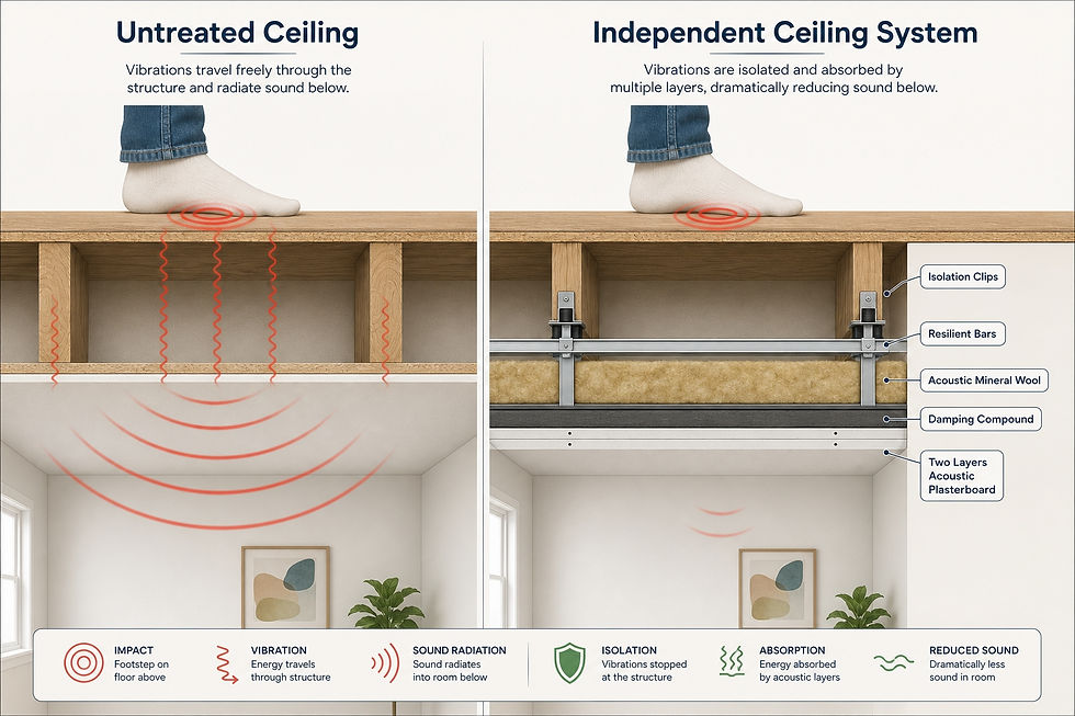 Cross section diagram comparing an untreated ceiling to an independent ceiling system with isolation clips, resilient bars and mineral wool, showing how soundproofing a ceiling from footfall noise works