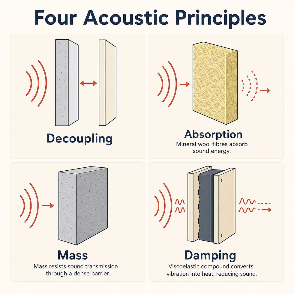 Infographic showing the four acoustic principles of soundproofing: decoupling, absorption, mass and damping