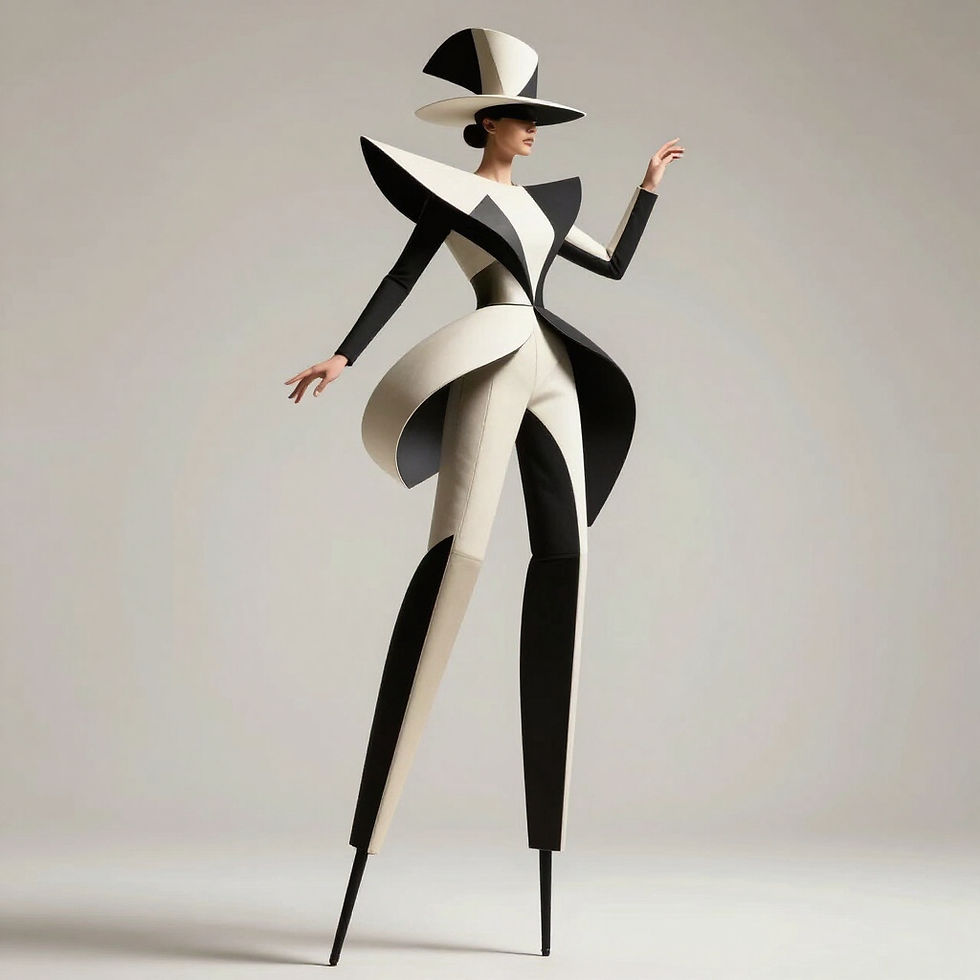 Themed dancers in black and white geometric costumes on stilts