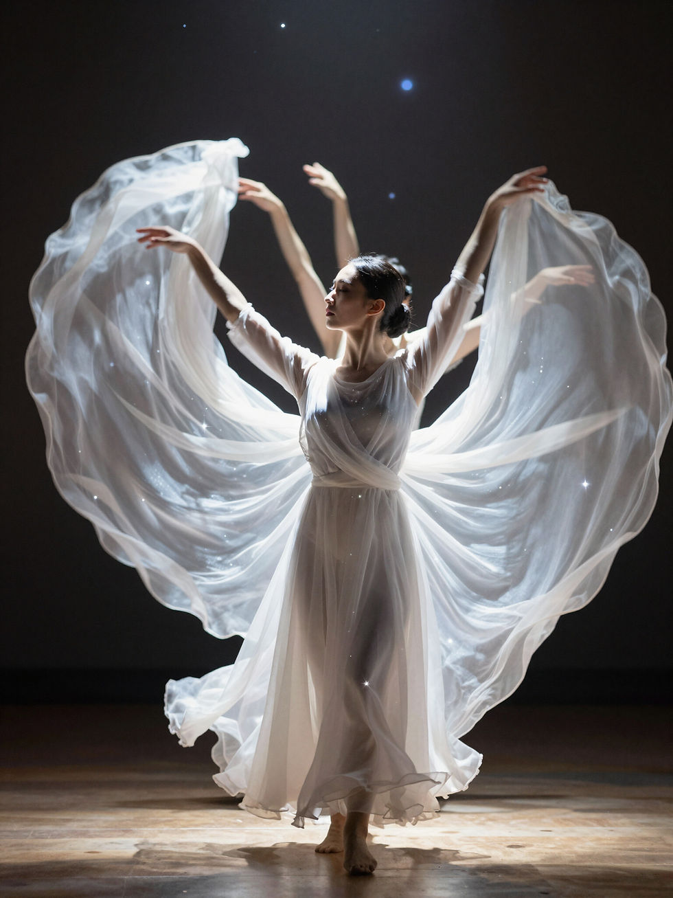 Dancers in white gowns at the Garden Of Light show.